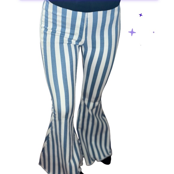 White & Light Blue Pin Stripe Super Flare Bell Bottom Flares - Picture 5 of 7
